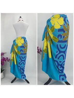Blue/Yellow/Tan Floral Geometric SARONG Pareo Lavalava Beach Skirt Summer Scarf